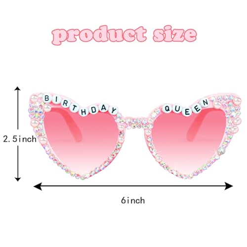Birthday Glasses for Women, Birthday Queen Sunglasses Pink Heart Shaped Shiny Bling Diamond Pearl Sunglasses for Girl Happy Birthday Party Gift Supplies Accessories Favors2