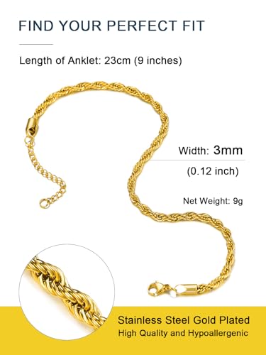 Image of ChainsPro Resizable Anklet Chain for Women Men, Figaro /Wheat /Twist Rope /Cuban Foot Bracelet-Strong with Good Clasp-18K Gold Plated(Send Gift Box)