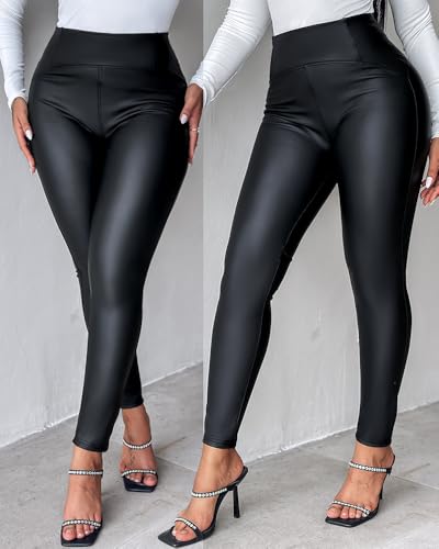 Womens High Waist Fleece Lined Faux Leather Leggings Slim Fit Low Stretch Warm Casual Pants for Winter Fall Daily Wear3