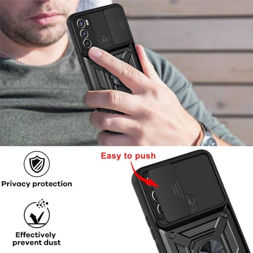 Image of Casodon Heavy Duty Back Case Cover for Moto G60 /G40 Fusion 5G, Shockproof Moto G60 /G40 Fusion Back Cover, Ring Case with Kickstand and Camera Protection Shutter - Black