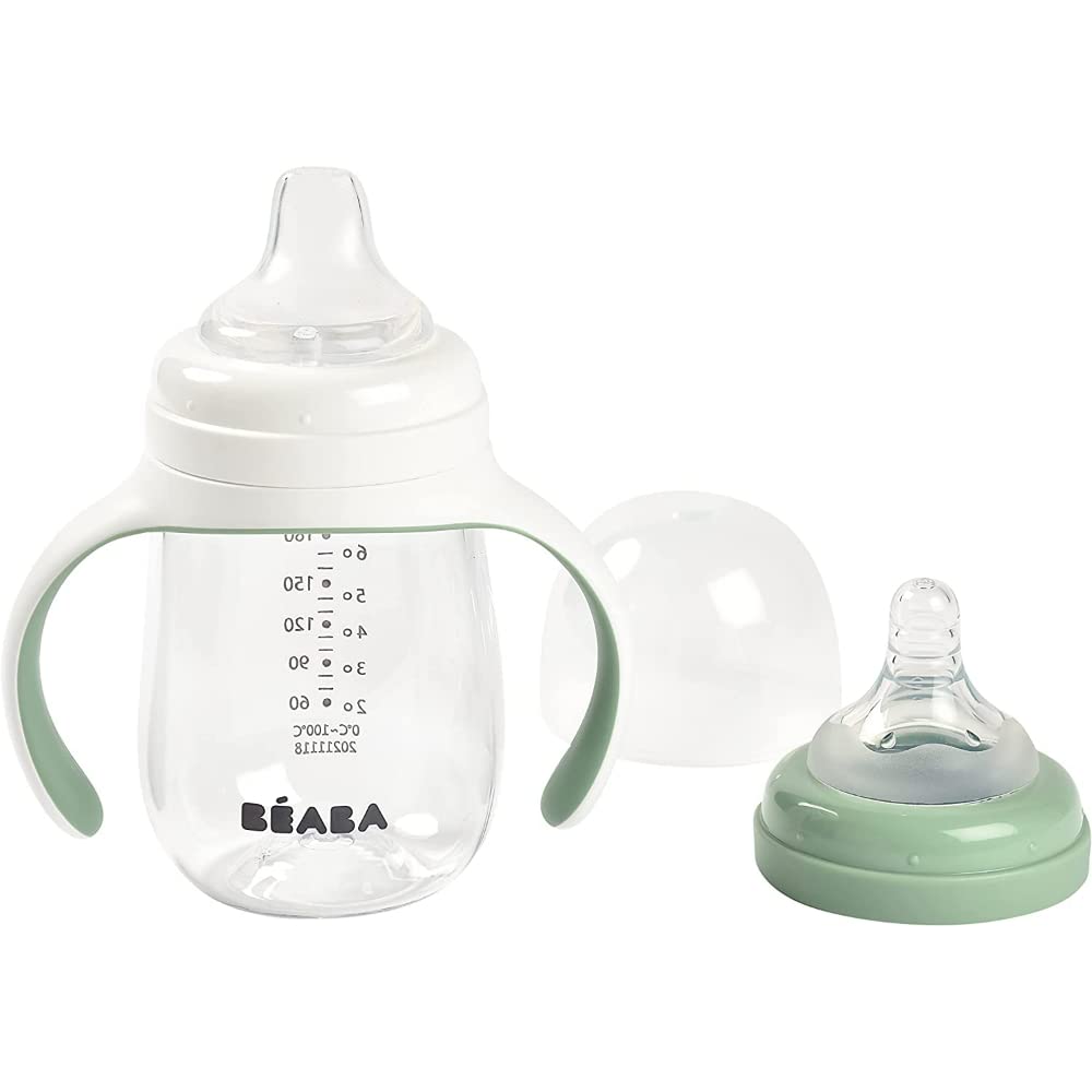 BÉABA, Biberon/Tasse d'apprentissage 2 en 1, Tasse Paille Enfant, 100% étanche, Anti-fuite, Facile à Ouvrir, Poignées amovibles, Tritan et Silicone, 210 ml, Vert sauge