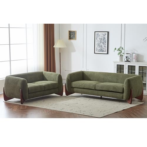 Image of Christopher Knight Home Almad 2 Pieces Sofa Couch Set, Cozy 3-Seater Sofa and Loveseat for Living Room, Upholstered Couch Chair, Soft Seating Lounge Sofa with Wood Frame, Boucle Fabric, Olive Green