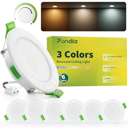 Fondiiz LED Einbaustrahler 230V Dimmbar 55mm - 68mm Lochmaß, 3.5W 340LM LED Spots Warmweiß 3000K Neutralweiß 4500K Kaltweiß 6000K, IP44 Deckenspots led Ultra Flach Für Badezimmer Küche, 6er Set