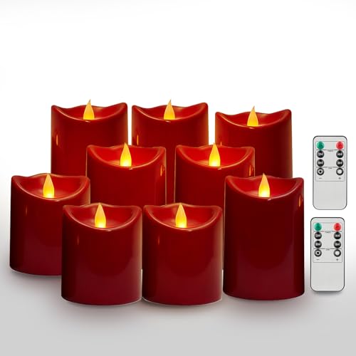 Image of antizer Flameless Candles Led Candles Pack of 9 Outdoor Indoor Battery Candles with Remote Timer for Home Decor Wedding Festival Decor (Burgundy - 3 inch D x 9 Pack)