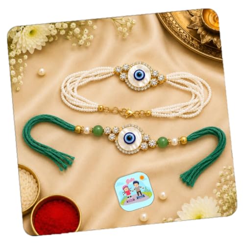 Image of CraftVatika Evil Eye Rakhi Set for Brother and Bhabhi, Premium Bhaiya Bhabhi Rakhi Gift Combo, Designer Bracelet Rakhis for Rakshabandhan, Couple Pair Raki, Fridge Magnet Gift with Card Tillak Set
