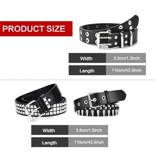 QCWN 3-Pack Y2K Belt Set – Studded Belt with Goth and Punk Rock Accessories Style, Bullet & Square Rivet Designs Essentials for Daily Life & Parties​3
