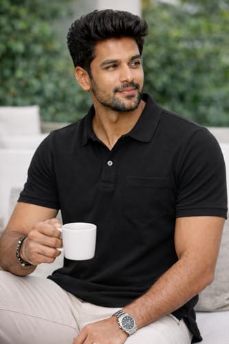 Image of Premium Pique Cotton Pocket Polo T-Shirt for Men | 210-220 GSM | Regular Fit | 2-Button Placket | Soft Breathable Fabric | XS-3XL