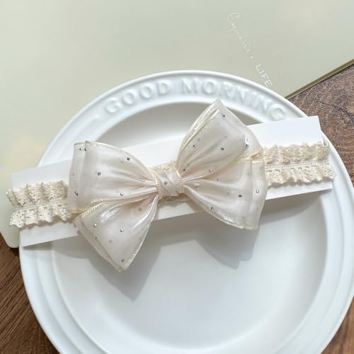 Lace Bow Baby Girl Headband Cute Gauze Bow-Knot Hair Band Elastic Turban Head Wrap Soft Lace Rhinestone Crystal Hair Accessory for Newborn Infants Toddler (Off white, Standard size)3