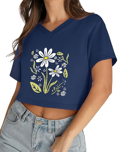 Image of Womens Crop Tops Short Sleeve V Neck Summer Cropped T Shirts Baisc Tees