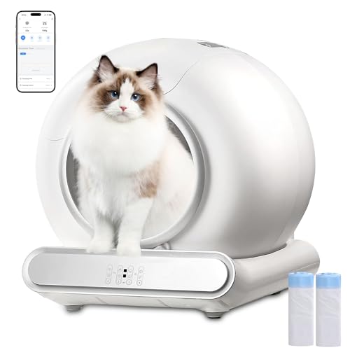 XQDKoon Caja de Arena Inteligente, Caja Arena Gato Autolimpiable, 65L + 9L Arenero Gatos Cubierto con 2 Rollos Bolsas Basura, Aislamiento de Olores, Control de App