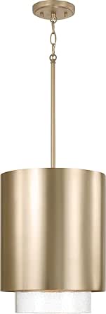 Capital Lighting 353011MA Weller Modern Clear Seeded Glass Metal Shade Cylindrical Pendant, 1-Light 100 Watt, 20" H x 12" W, Matte Brass