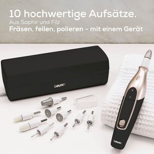 Beurer MP 84 Special Edition Maniküre-/Pediküreset, elektrische Nagelfeile mit Akku, 10 Aufsätze, LED-Licht, inkl. Aufbewahrungsetui, bis zu 4400 U/min, Nagelfräser zur Hand- und Fußpflege, schwarz