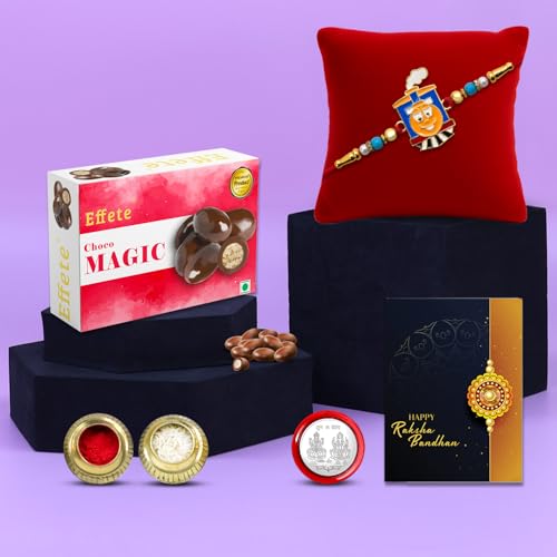 Image of DeoDap Cute Train Engine Thread Rakhi Kids with Chocolate, Silver Pooja Coin, Tilak Set, Greeting Card - Rakhi Gift for Brother