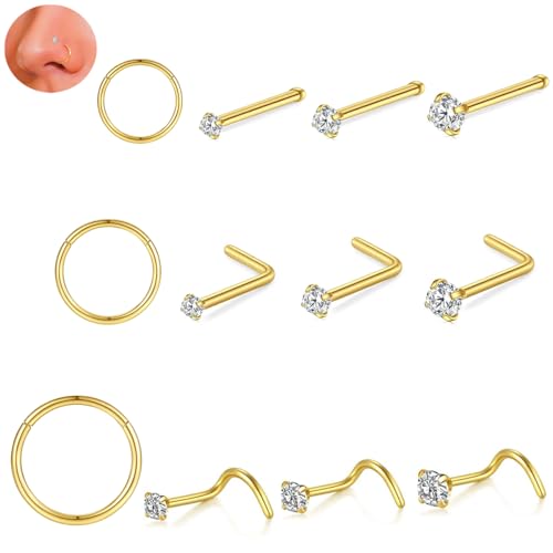 12PCS 20g Surgical Stainless Steel Nose Stud Ring Piercing Nose Bone/L Shaped/Nose Screws Rings Set Cubic Zirconia Size 1.5/2/3mm,Grade 23 Titanium Nose Rings Hoops Body Piercing Rings Helix Cartilage Rook Earrings Diameter 6/8/10mm (Gold)