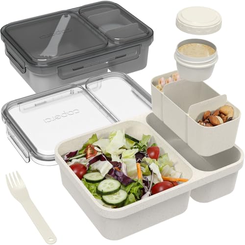 Caperci 2 Pack Salad Container for Lunch - 62 oz Large Bento Lunch Box for Adults, 2-Compartment Meal Prep Container with Removable Toppings Tray, Sauce Cup, Reusable Fork, BPA-Free (Gray & Tofu)