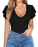 HERLOLLYCHIPS Womens Tops Deep V Neck Petal Short Sleeve Tight Fitted Sexy Casual Dressy Summer Tees Tshirts T-Shirts Blouses(M, Black)