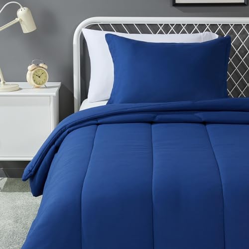 Amazon Basics 2-Piece Soft Microfiber Kids Comforter and Pillow Sham Set Twin Navy Solid