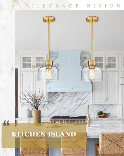 Image of 2-Pack 8 inch Brushed Gold Pendant Lights Kitchen Island, Clear Glass