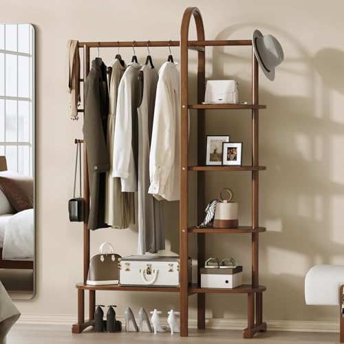 HOTAMO Solid Wood Clothing Rack with 4 Shelves Storage and