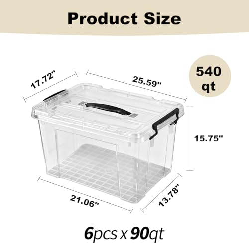 Image of 540 QT Clear Large Storage Bins with Lids, 6 Pack 90 QT-Stackable Plastic Organizer for Home, Office, Garage, BPA-Free, Heavy-Duty, See-Through Containers with Secure Latches & Handles