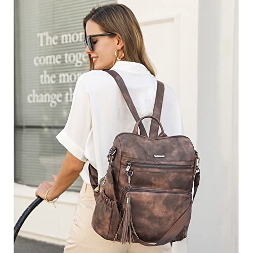 Image of CLUCI Backpack Purse for Women Large Leather Travel Backpack Work Fashion Ladies Casual Daypack with Tassel Two-Tone Coffee