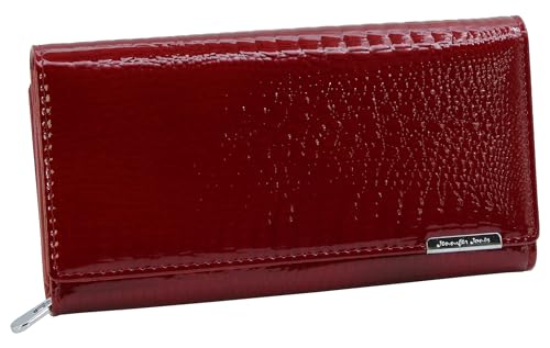 Jennifer Jones - Cartera de Piel auténtica para Mujer Moderno diseño de cocodrilo Brillante Protección RFID (E/Rojo)
