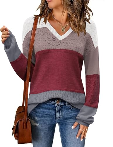 Image of Zeagoo Womens 2026 Fall Sweaters Casual Long Sleeve Ribbed Knit Pullover V Neck Lightweight Crochet Pullover Sweater Top