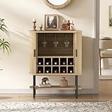 Coffee Bar Cabinet with Storage, Fluted Wine Cabinet with Sliding Door, Glass Holder and Wine Rack, Buffet Sideboard Liquor Cabinet for Kitchen, Dining Room, Living Room, Natural