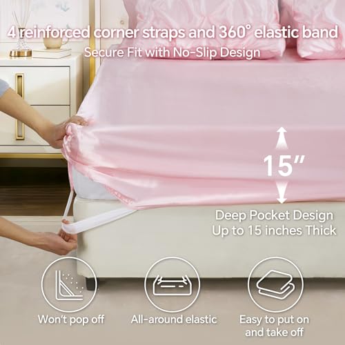 Image of BEDELITE Satin Comforter Set Queen Size, 7 Pieces Pintuck Bed in A Bag with Comforter, Flat Sheet, Fitted Sheet, Pillowcases, Shams, Soft Cozy Similar to Silk Bed Set for All Seasons (Pink)
