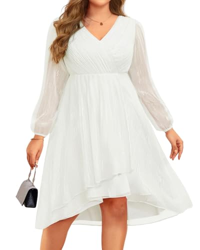 Image of Plus Size Wedding Guest Dress - Formal Long Sleeve A Line V Neck Midi Dress | Formal fall wedding guest dress, A-line pleated midi style with long sleeves & V-neck for curvy women.