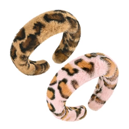 Yonchic Leopard Print Faux Fur Headbands, Khaki & Pink
