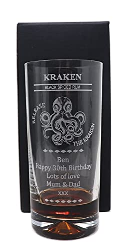 Regalo Personalised Engraved Dimple Highball Glass - Kraken Rum Octopus/Beast/Sea Monster Design Gift for Birthday (Cardboard Gift Box)