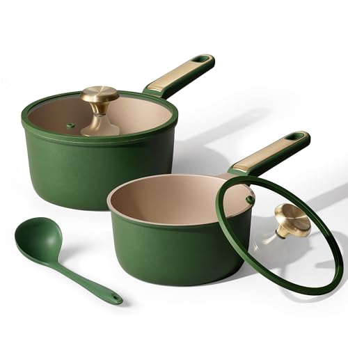 CAROTE 2QT & 2.5QT Sauce Pan Sets with Lid & Ladle Cooking Pots Nonstick Saucepans Cookware Set Small Kitchen Pot Induction Comptable Easy to Clean PFOA FREE (Green)