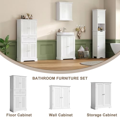 ChooChoo 51\" H Tall Bathroom Floor Cabinet, Modern Bathroom Storage Cabinet with Drawer and Adjustable Shelves, Freestanding Kitchen Pantry Cupboard with 4 Doors for Living Room, White