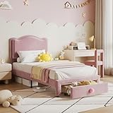 GarveeHome Upholstered Twin Bed Frame with Storage Drawer & Scallop Headboard, Princess Twin Size Platform Bed Frames for Kids Girls, Wooden Slats Support, No Box Spring Needed, Pink