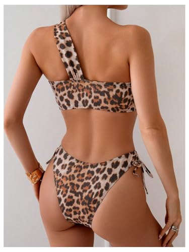 SweatyRocks Women's One Shoulder Leopard Bikini Set Drawstring High Cut Swimsuit 2 Piece Bathing Suit2
