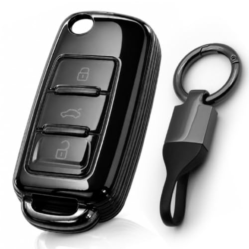 Image of JVCV Soft TPU Transparent Black Key Cover Compatible with Volkswagen Polo Vento Ameo Jetta Passat & Skoda Rapid Laura Superb Octavia Fabia Yeti Folding Key | Slim Fit Case (with Keychain - Style B)