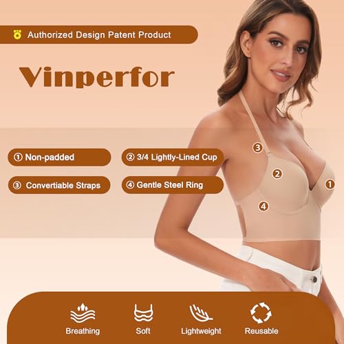 Vinperfor Low Back Bra for Women-Seamless Invisiable Backless Bras-Lightly Lined Open Back Convertible Halter Multiway Low Cut Bra (Nude, 36C) - Image 5