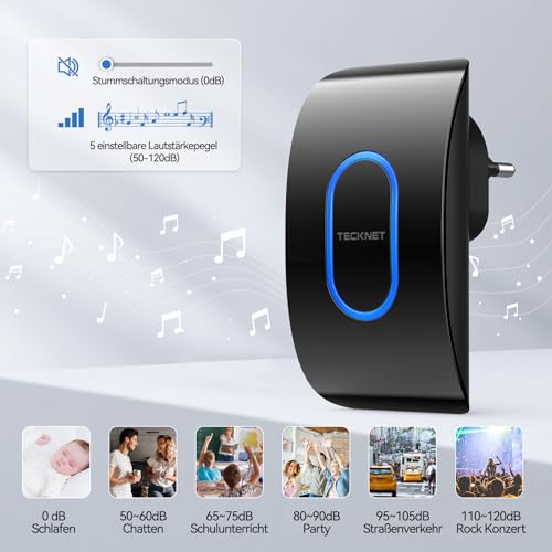 TECKNET Funkklingel, IP65 Wasserdicht Türklingel Funk Set, über 400m Funkreichweite, Funk Türklingel Kit, 60 Melodien, 5 Lautstärkestufen, Türklingel Funk mit LED-Blitz, Schwarz
