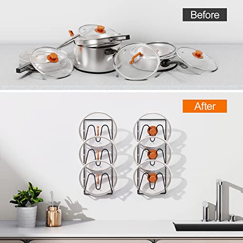 Durmmur 2 Pack Pot Lid Organizer Rack, 6-Tier Pot Lids Holder For Cabinet Door/Wall, No Drilling Adhesive Wall/Door Mounted Rustproof Pot And Pan Cover For Kitchen Storage, Classic Black #TOP5