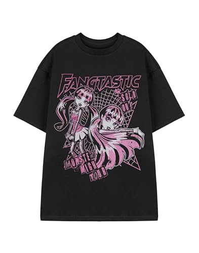 Monster High Womens T-Shirt | Ladies Fangtastic Live Tour Short Sleeve Graphic Tee in Black & Pink | Draculaura Spider Web Apparel Crewneck Character Top | Fashion Cartoon Series Merchandise Gift