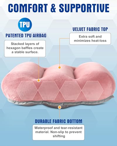 Image of Inflatable Camping Pillow - Ultralight Compact Travel Pillow, Picnic-Pink | Beach, Blow Up, Portable, Sleeping Bag Pillow, Backpacking, Soft Velvet Cover, Machine Washable Air Pillow