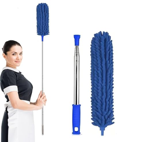 Image of Microfiber Feather Chenille Duster for Dust Cleaning with extendable Pole 100 Inch with Anti Scratch Bendable Washable Duster with High Cobweb Stick for High Ceiling Fans, Furniture - Blue