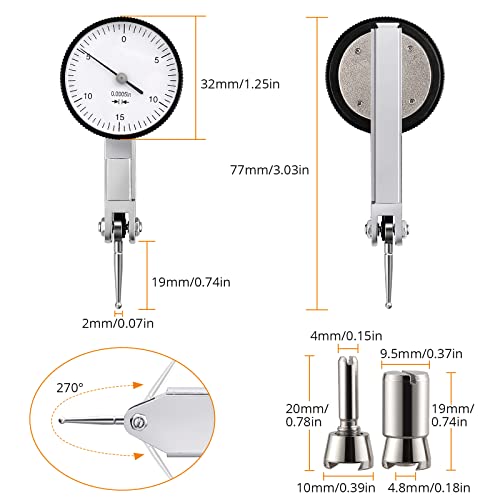 Neoteck Dial Test Indicator With Storage Case, 0-0.03"/0.0005" Test Indicator With 2 Steel Dovetail Clamps 3/8'' And 5/32'' For Machine Set-Up, Narrow Area Measurement #TOP5