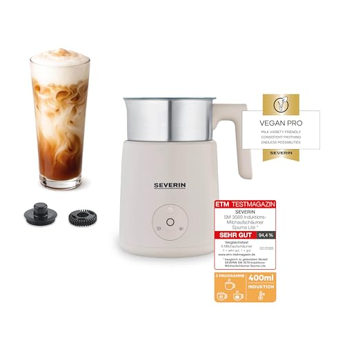 Severin Design Induktions-Milchaufschäumer elektrischer Milchschäumer mit Edelstahlbehälter kaltes und warmes Aufschäumen Schokoladen-Funktion geeignet für vegane Milch Aesthetic beige SM 3589
