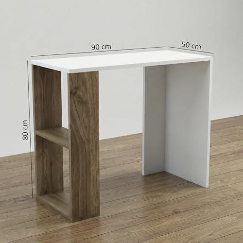 Image of Strata Compact Computer Desk with Built-in 2-Tier Bookshelf, Space-Saving Modern Study Table & Workstation for Home Office, 90x50x80cm (White & Walnut)