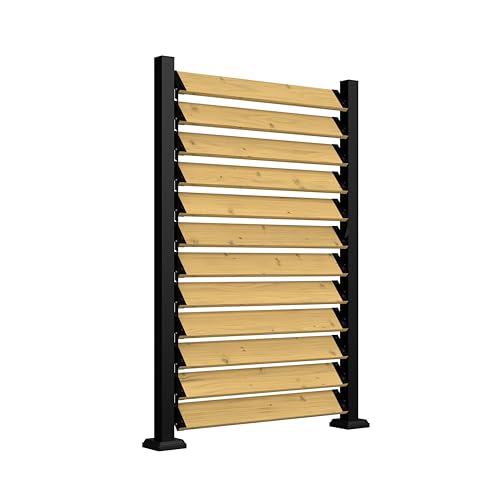 BlueWish Adjustable Louvered Privacy Screen, 44”W x 61”H Outdoor Privacy Fence with Wood Panel, Rust-Resistant Metal Frame, Adjustable Slats Privacy Screen for Patio, Pool, Backyard, Garden, Natural