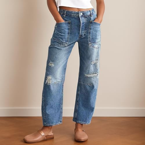 Distressed Jeans for Women Baggy Mid Rise Boyfriend Wide Leg Jeans Blue Straight Leg Denim Pants with Pocket2
