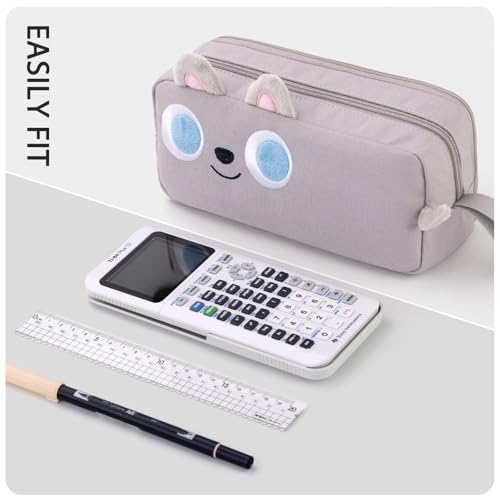 Image of CICIMELON Cartoon Pencil Case, Large Capacity Pen Pouch with Embroidered Animal Design, School Supplies Bag for Kids, Teens, Students (Gray Dog)