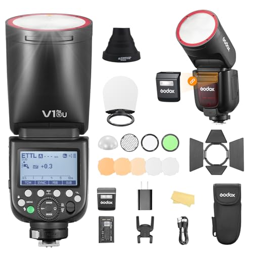 Godox V1 Pro N USA Version Flash for Nikon Camera with AKR1 Accessory Kit 2980mAh 76W Battery 500 Full Power Flashes TTL 1/8000s HSS 1.3s Recycle Time 2.4G Wireless